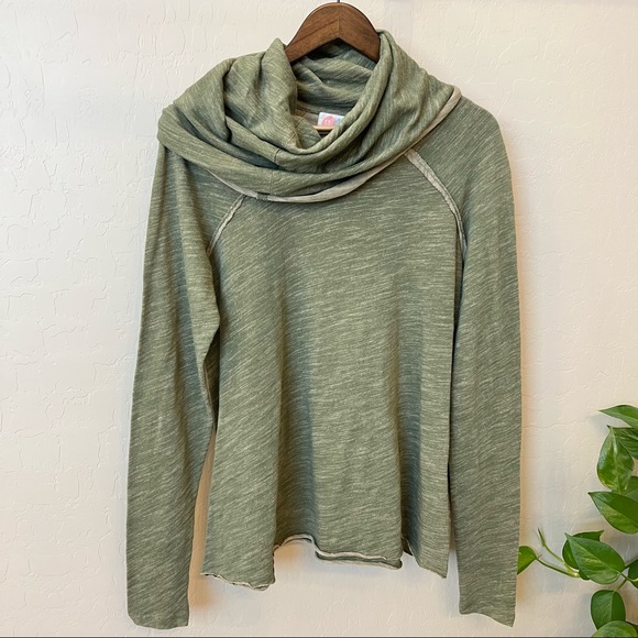 Free People Tops - Free People Beach green Cotton Sweater, funnel neck, reverse released hems, M/L